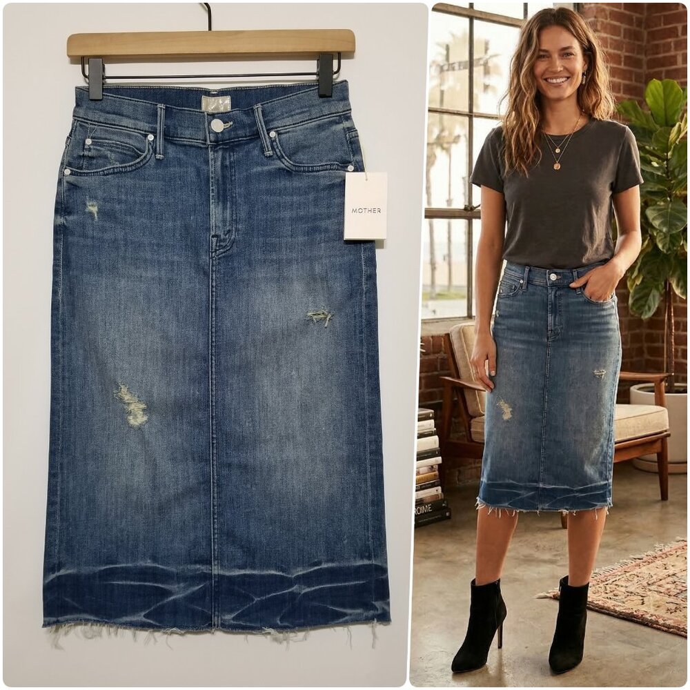 NWT Mother The Back Slit Midi Fray Pencil Skirt Naughty Intentions 24, 25 $245